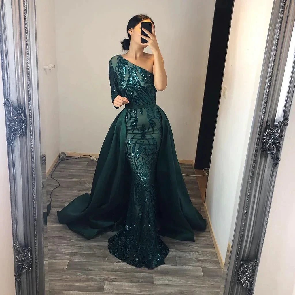 Unique Mermaid One Shoulder Sequins Long Prom Dress with Sleeves