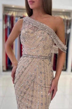Unique One-shoulder Sleeveless Mermaid Satin Prom Dresses with Beading