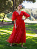 V-neck Glitter Tea Length Tulle Prom Dress