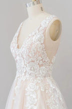 V-neck Appliques Tulle Floor length Wedding Dress