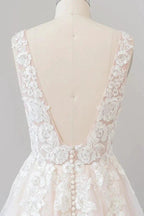 V-neck Appliques Tulle Floor length Wedding Dress