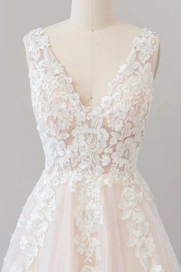 V-neck Appliques Tulle Floor length Wedding Dress