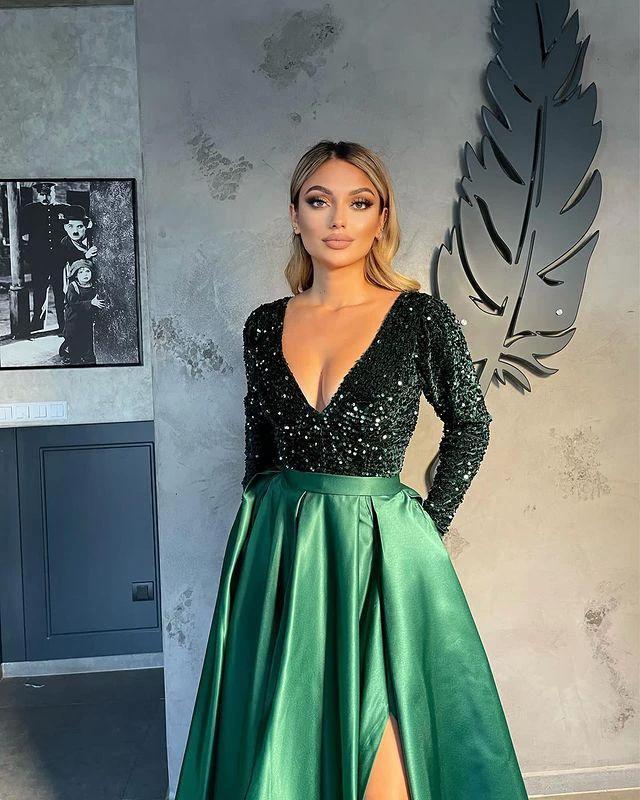 V-neck Evening Gowns For Women A-Line Split Prom Dress