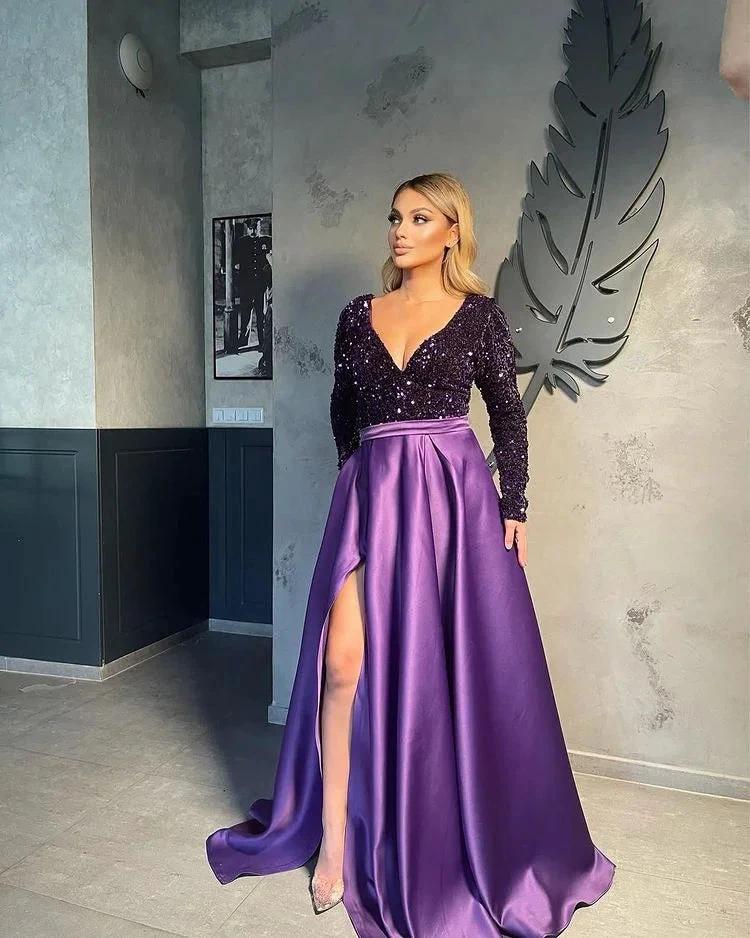 V-neck Evening Gowns For Women A-Line Split Prom Dress