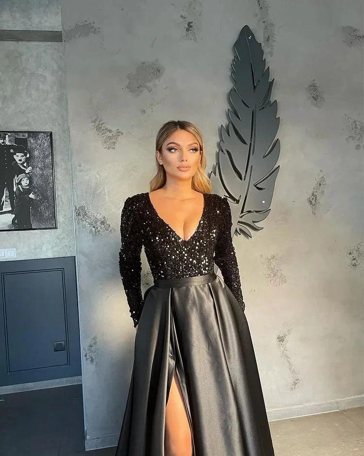 V-neck Evening Gowns For Women A-Line Split Prom Dress