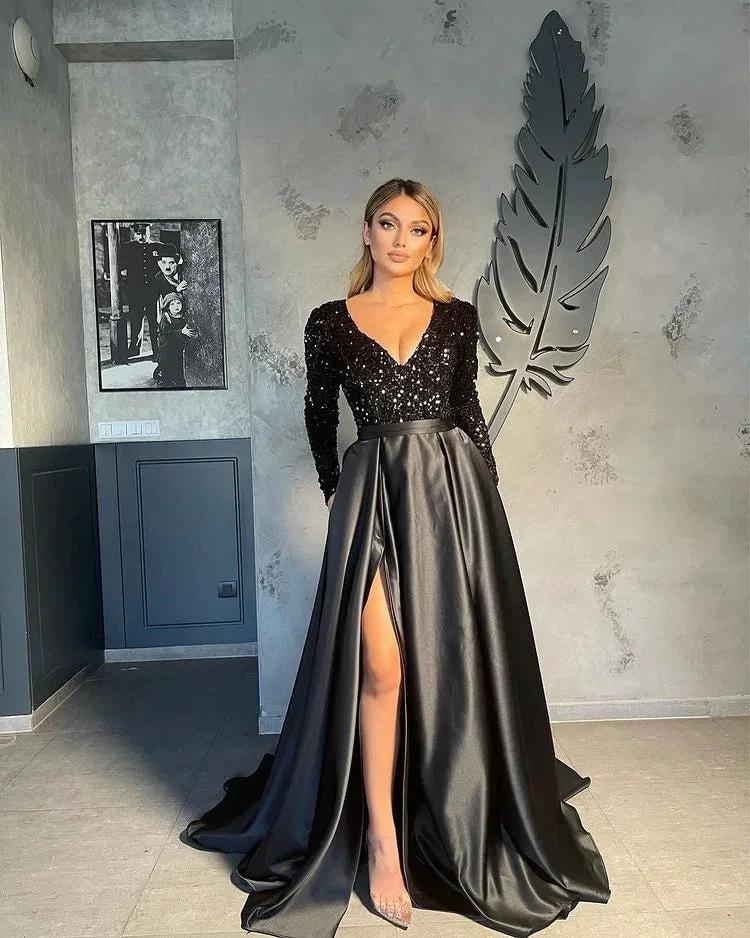 V-neck Evening Gowns For Women A-Line Split Prom Dress
