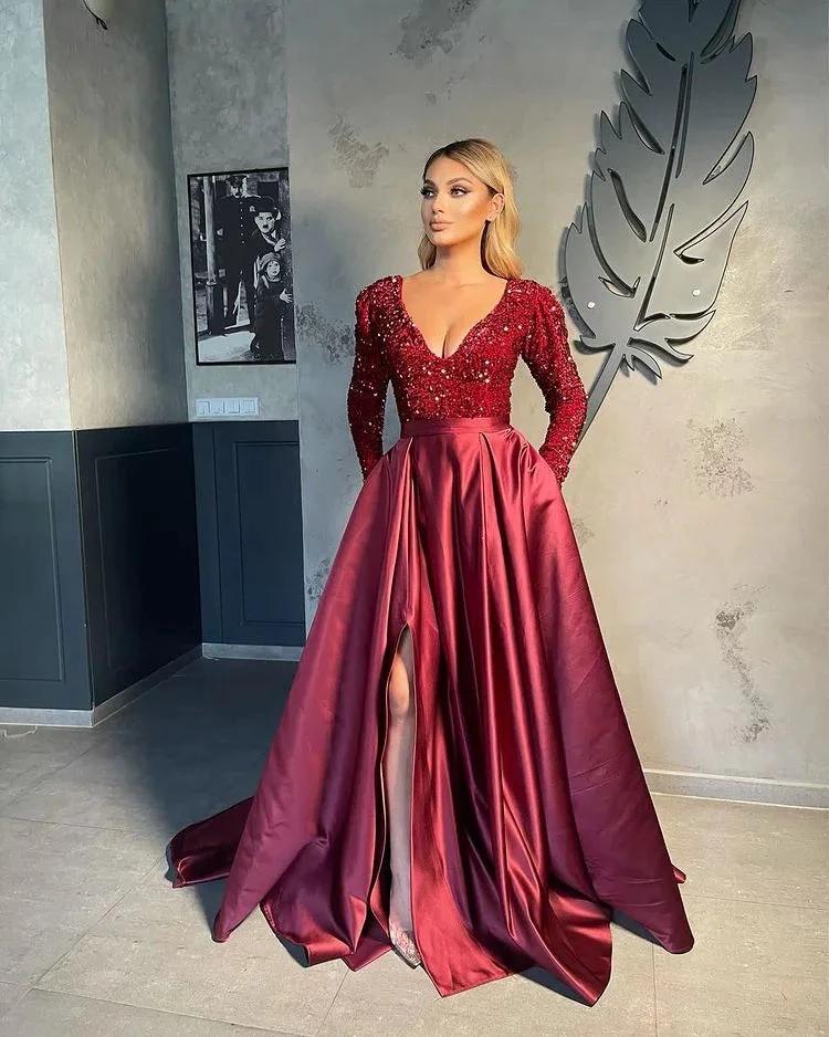 V-neck Evening Gowns For Women A-Line Split Prom Dress