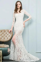 V-neck Floor Length Mermaid Lace Prom Dresses with Sleeves