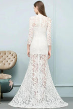 V-neck Floor Length Mermaid Lace Prom Dresses with Sleeves