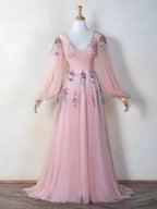 V-neck Embroidery Sequin Floor Length Tulle Prom Dress