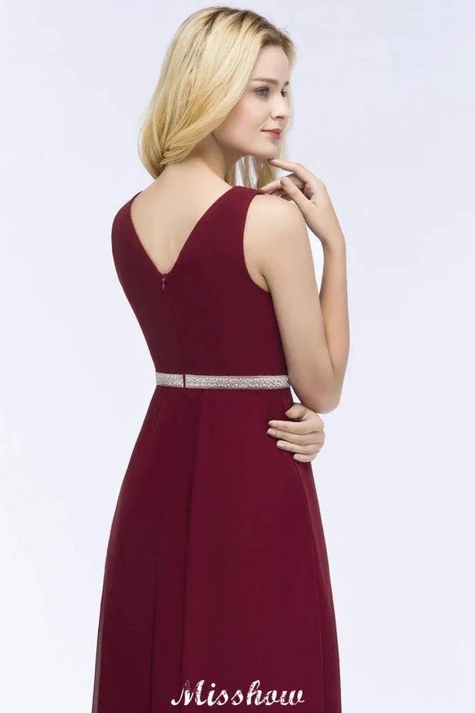 V-neck Ruffled Floor-Length Beading Bridesmaid Dresses A-line Chiffon with Sash