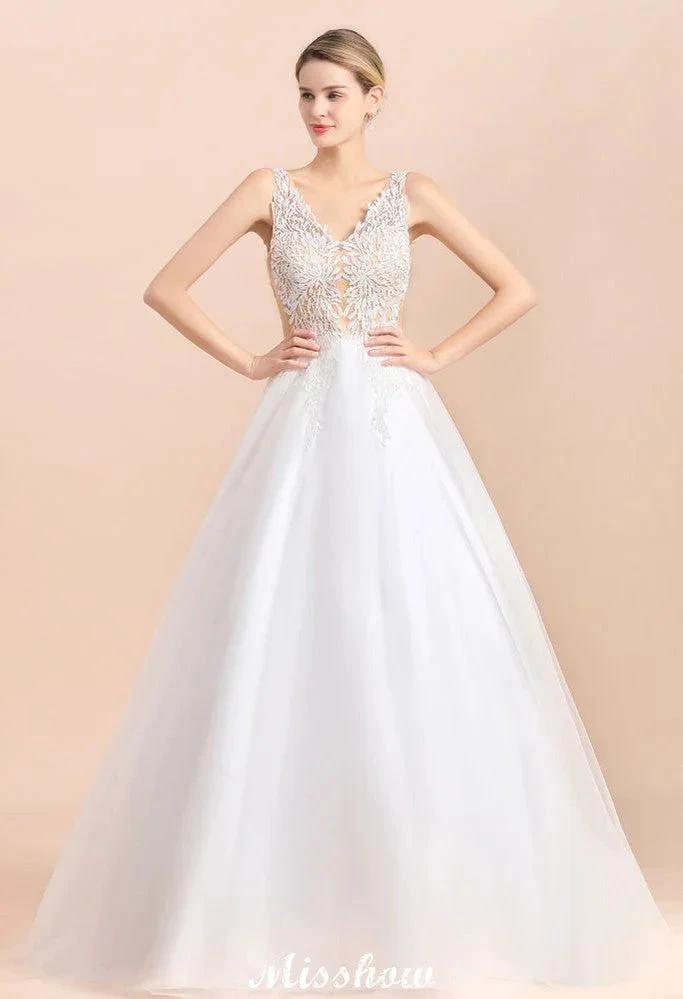 V-Neck See-through Lace Aline Wedding Dress Floor length Princess Bridal Gown
