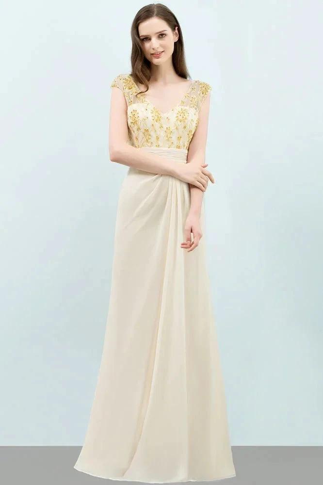 V-neck Sequined Top A-line Floor Length Chiffon Prom Dresses