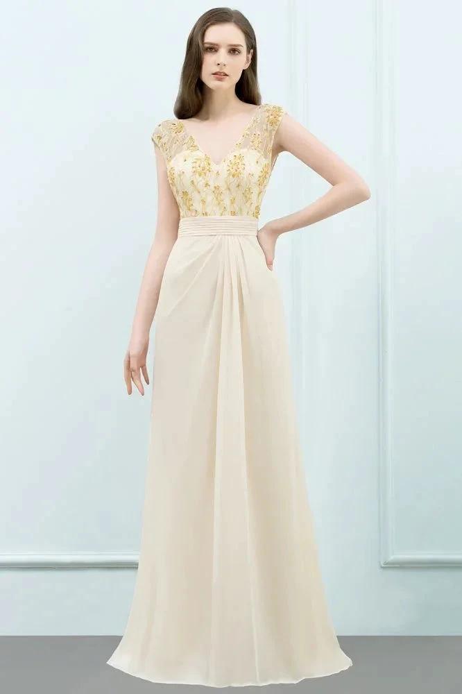 V-neck Sequined Top A-line Floor Length Chiffon Prom Dresses