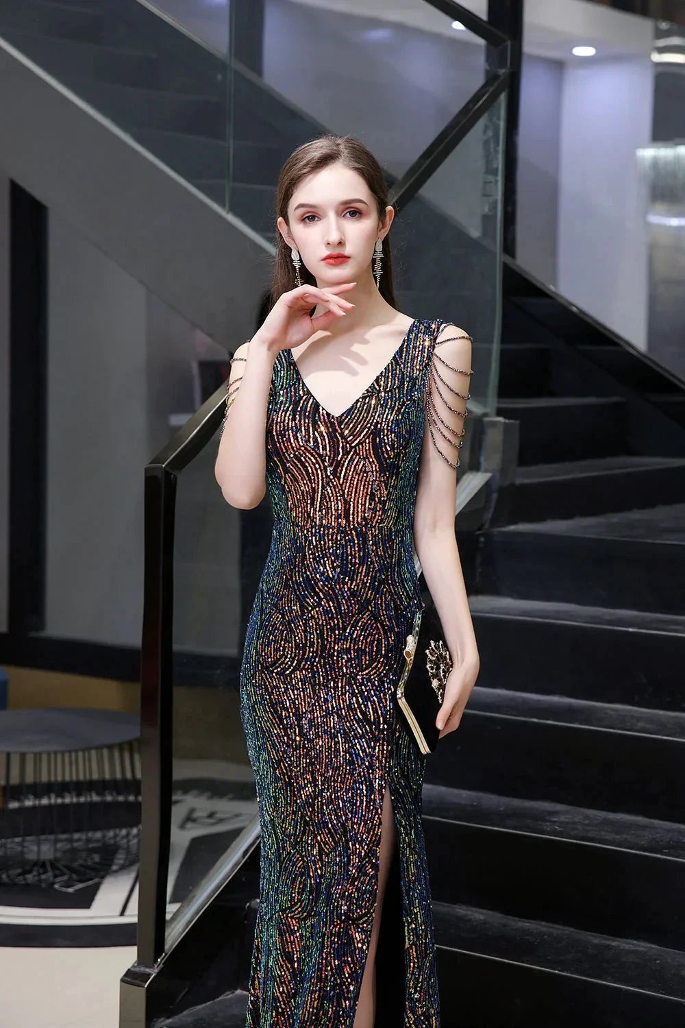 V-Neck Sequins Long Evening Dress With Split