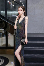 V-Neck Sequins Long Evening Dress With Split
