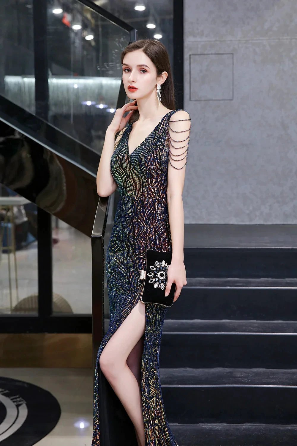 V-Neck Sequins Long Evening Dress With Split