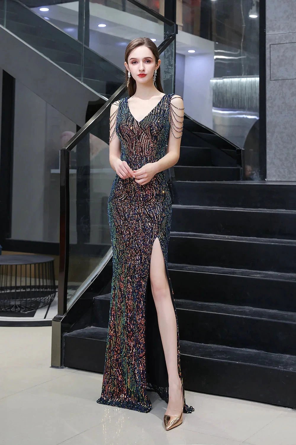 V-Neck Sequins Long Evening Dress With Split