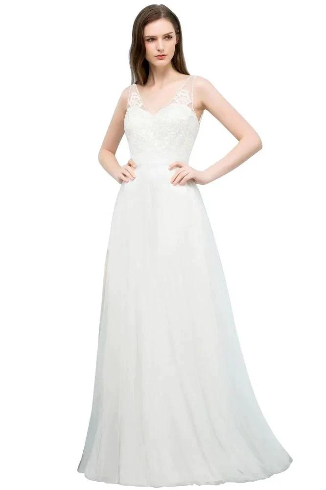 V-neck Sleeveless A-line Floor Length Lace Tulle Prom Dresses