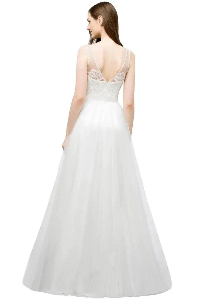 V-neck Sleeveless A-line Floor Length Lace Tulle Prom Dresses