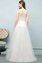 V-neck Sleeveless A-line Floor Length Lace Tulle Prom Dresses
