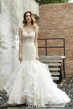 V-Neck Sleeveless Floral Lace Mermaid Bridal Gown Garden Puffy Tulle Slim Wedding Dress