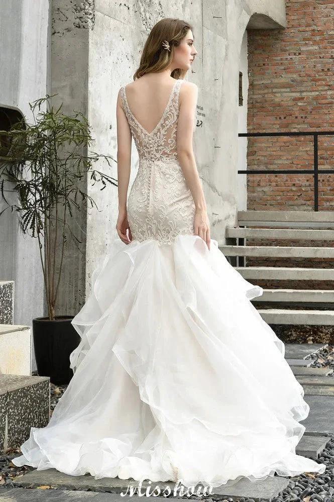 V-Neck Sleeveless Floral Lace Mermaid Bridal Gown Garden Puffy Tulle Slim Wedding Dress