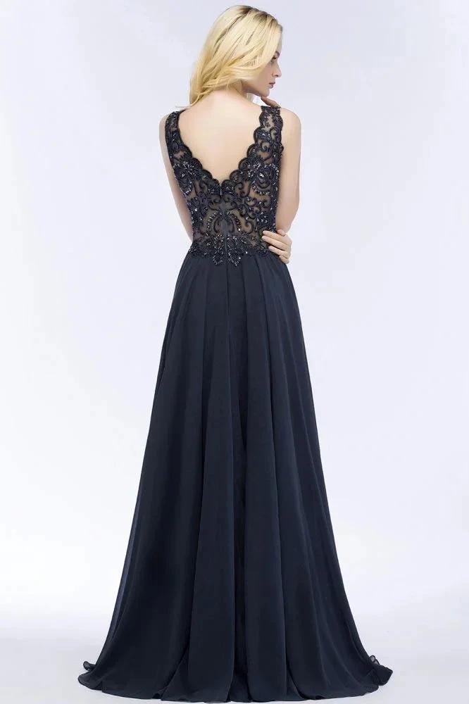 V-neck Sleeveless Long Appliqued Crystals Chiffon Prom Dresses