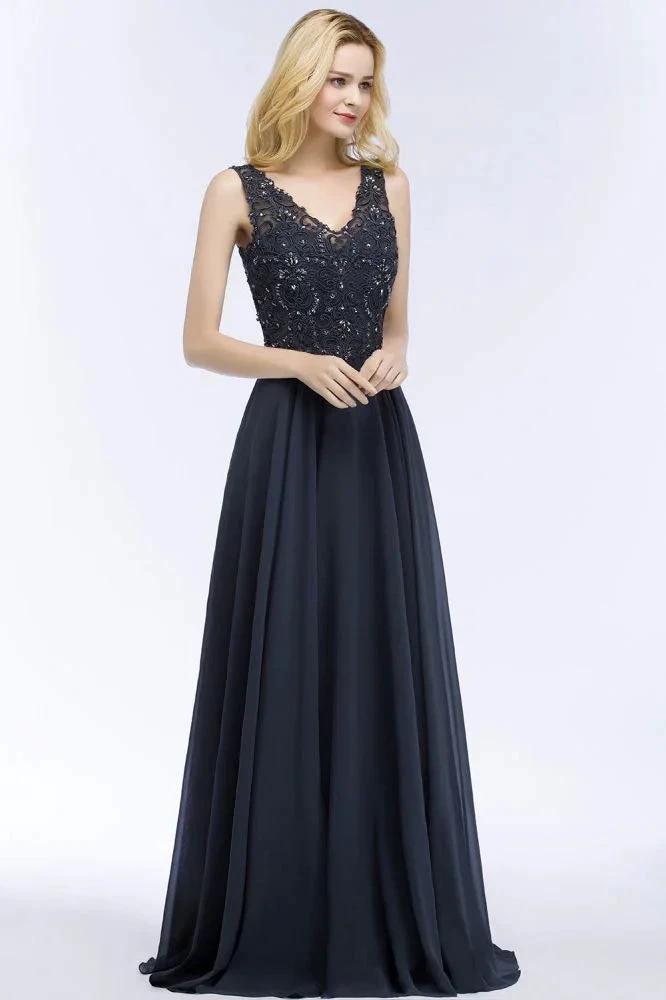 V-neck Sleeveless Long Appliqued Crystals Chiffon Prom Dresses