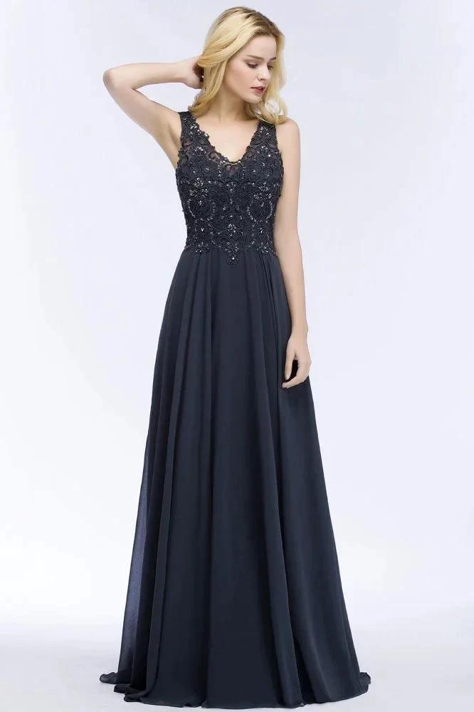V-neck Sleeveless Long Appliqued Crystals Chiffon Prom Dresses