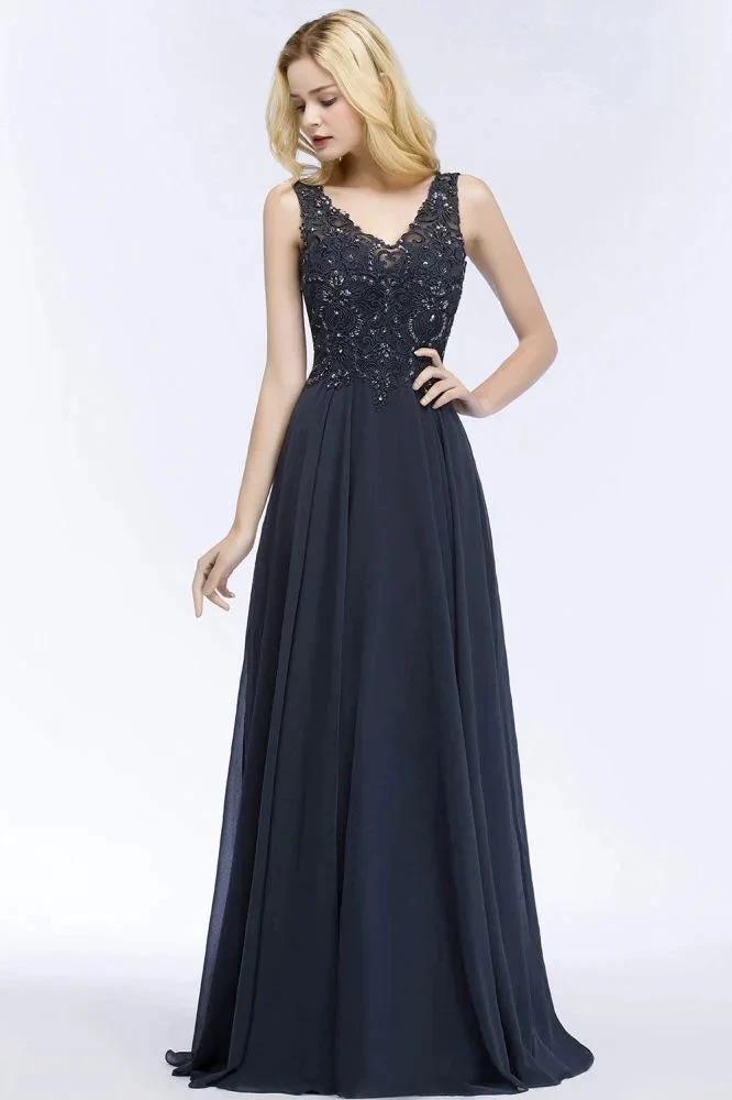 V-neck Sleeveless Long Appliqued Crystals Chiffon Prom Dresses