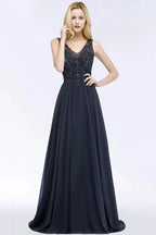 V-neck Sleeveless Long Appliqued Crystals Chiffon Prom Dresses