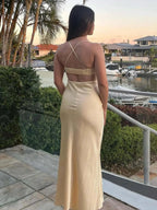 Veilurae | Champagne Spaghetti Straps Mermaid Satin Long Formal Dress