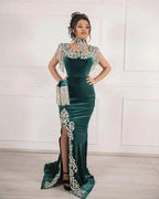 Velvet Dark Green Long Split Mermaid Prom Dresses