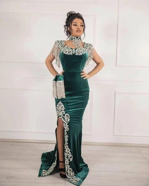 Velvet Dark Green Long Split Mermaid Prom Dresses