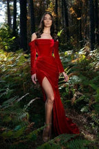 Velvet evening dresses long red | Prom dresses with sleeves