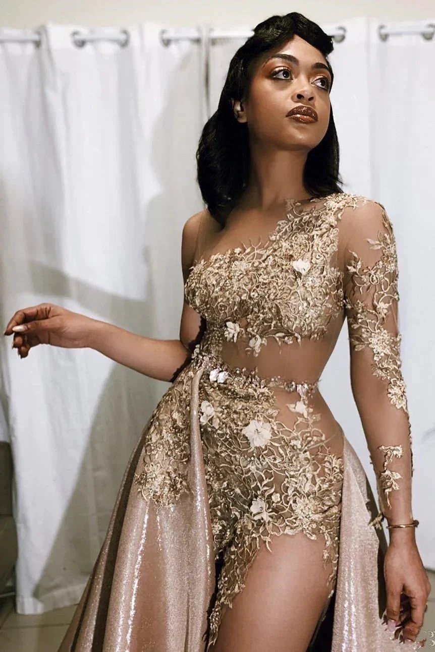 Vintage A-line One Shoulder Lace Appliqued Long Prom Dresses With Over Skirt
