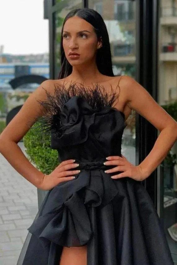 Vintage Black Strapless Flower A-Line Floor-length Prom Dresses with Slit