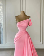 Vintage Column Satin Off-The-Shoulder Sleeveless Pink Prom Dress With Rhinestone