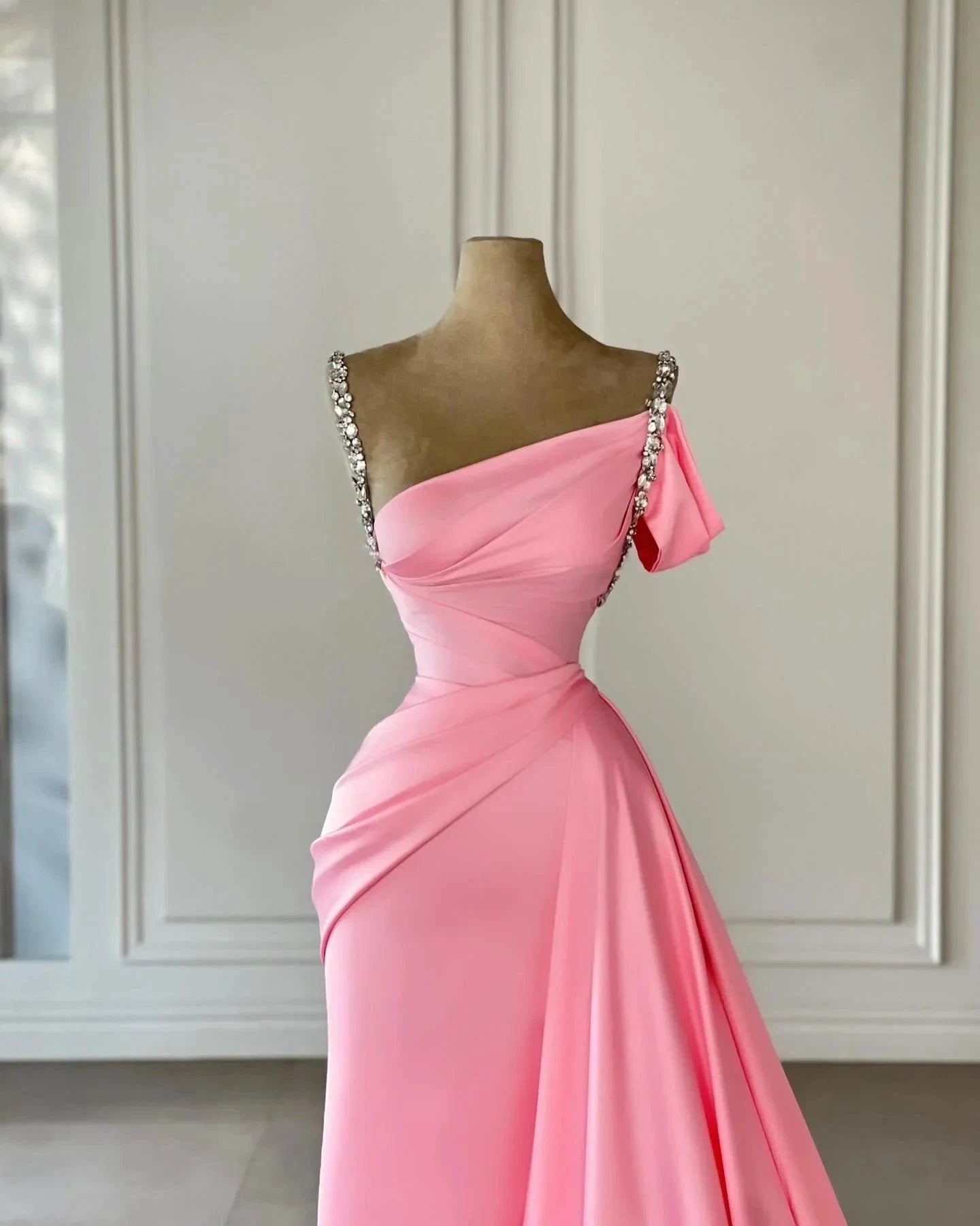 Vintage Column Satin Off-The-Shoulder Sleeveless Pink Prom Dress With Rhinestone