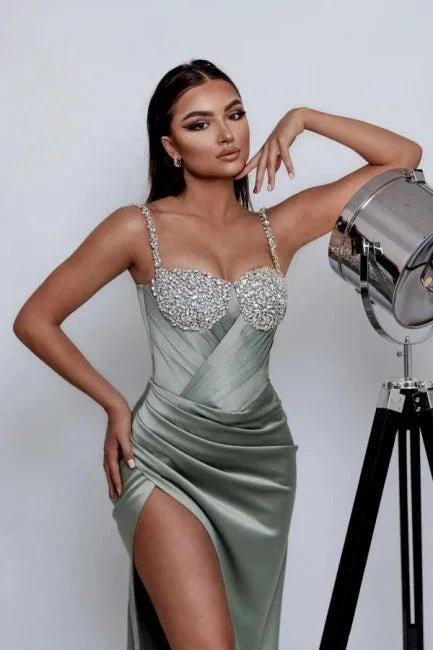 Charming Column Satin One Shoulder Sleeveless Green Prom Dress With Split Front