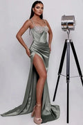 Charming Column Satin One Shoulder Sleeveless Green Prom Dress With Split Front