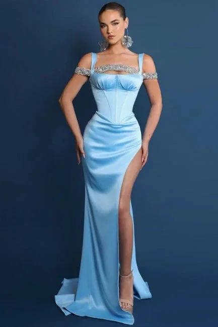 Vintage Column Satin Square Sleeveless Prom Dresses With Split Front