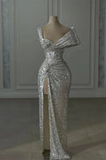 Vintage Column Sequined Off-The-Shoulder Sleeveless Silver Prom Dresses With Split Front