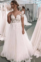Vintage Long A-Line Bateau Appliques Lace Tulle Wedding Dress with Sleeves