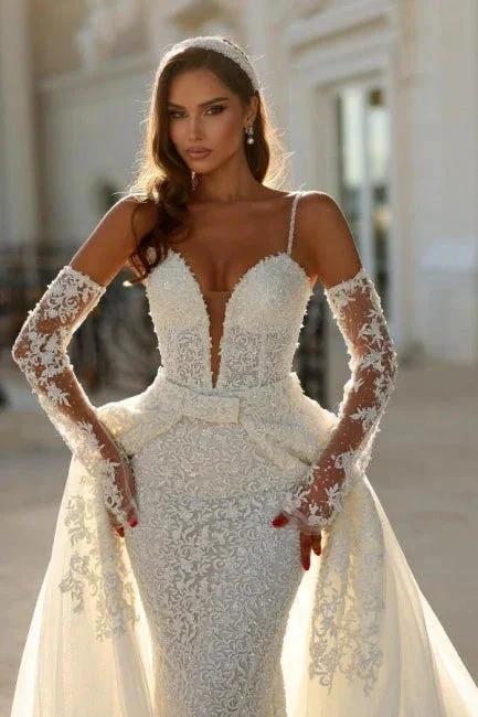 Vintage Long Ivory Mermaid Spaghetti Straps V-neck Lace Wedding Dress with Detachable Train