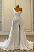 Vintage Long White One Shoulder Pearls Sleeveless Evening Dresses With Slit