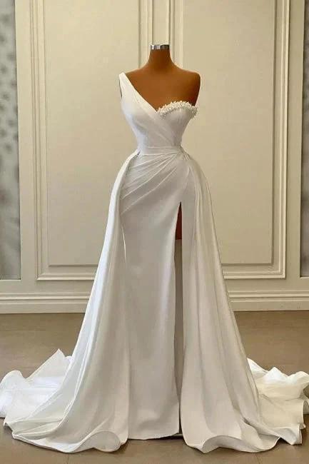 Vintage Long White One Shoulder Pearls Sleeveless Evening Dresses With Slit