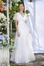 Vintage white V-Neck Short-Sleeves A-Line Floor-Length Tulle Prom Dresses