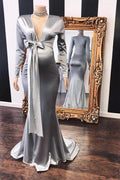 Vneck Long Sleeves Silky Ribbons Floor Length Maternity Dresses
